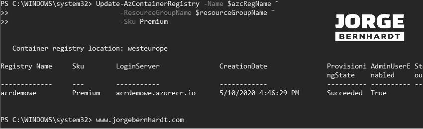 Update-AzContainerRegistry