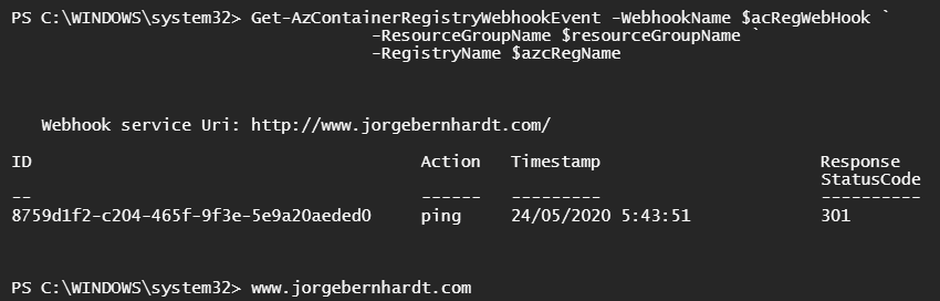 Get-AzContainerRegistryWebhookEvent