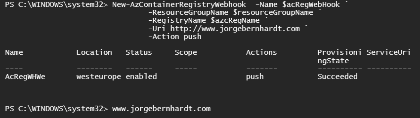 New-AzContainerRegistryWebhook