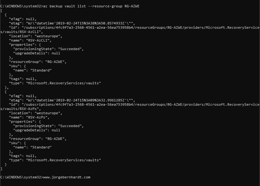 az backup vault list