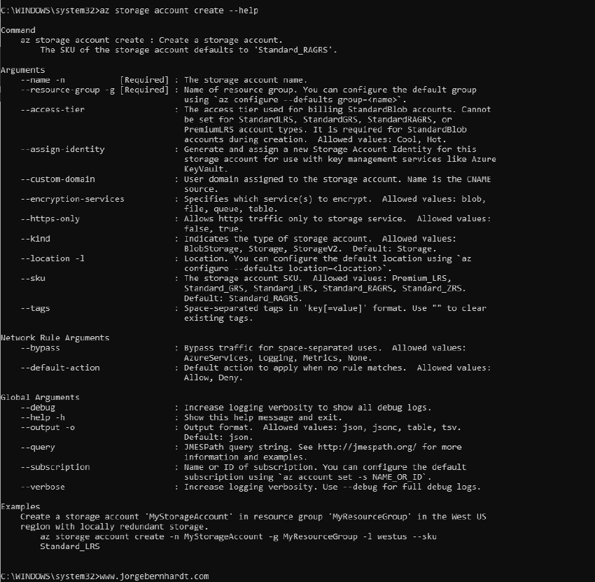 az storage account create &ndash;help